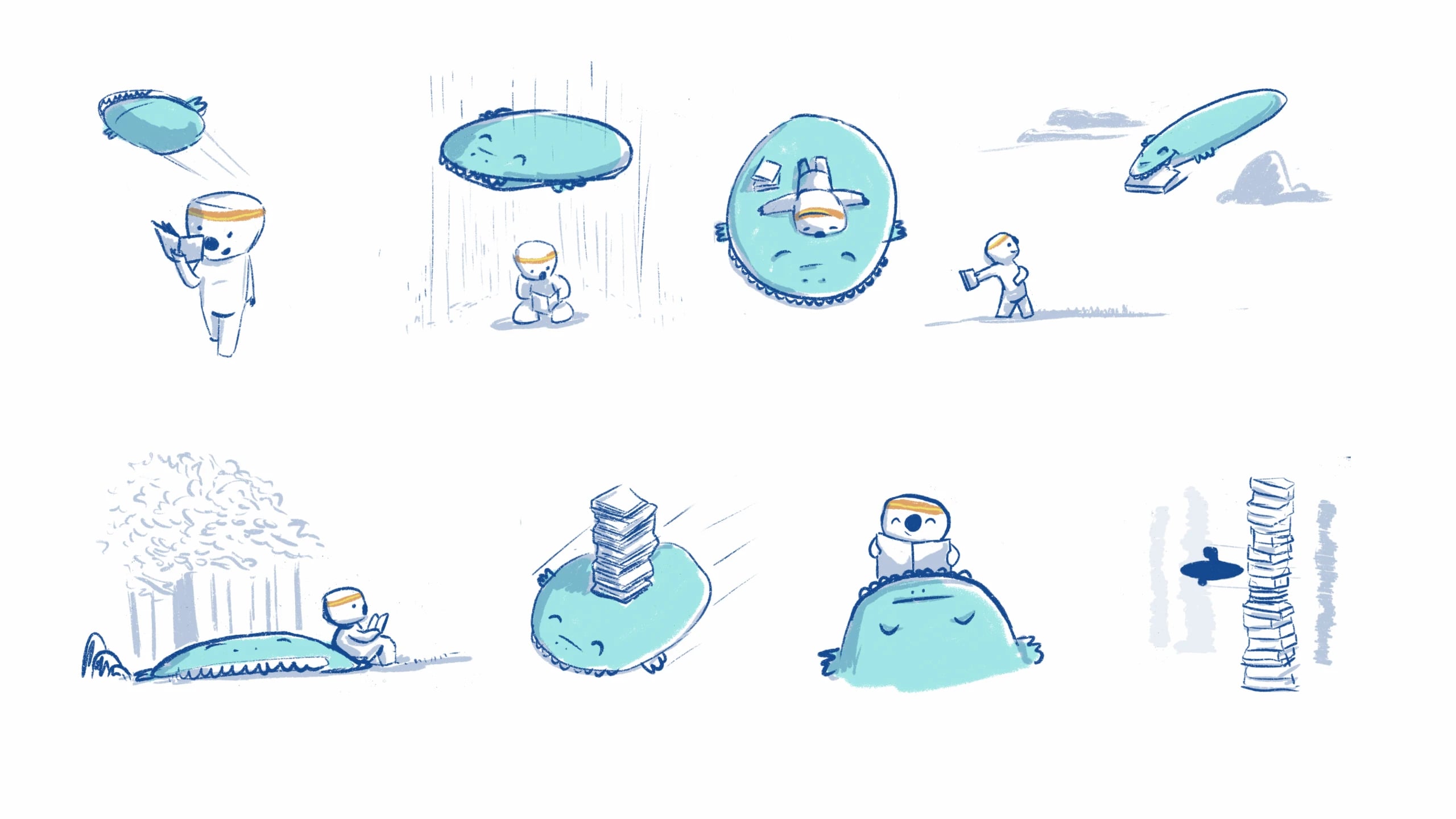 Eight pitch sketches of Ray and Maya: flying together, sheltering from rain, carrying a tower of books and dozing on a hillside