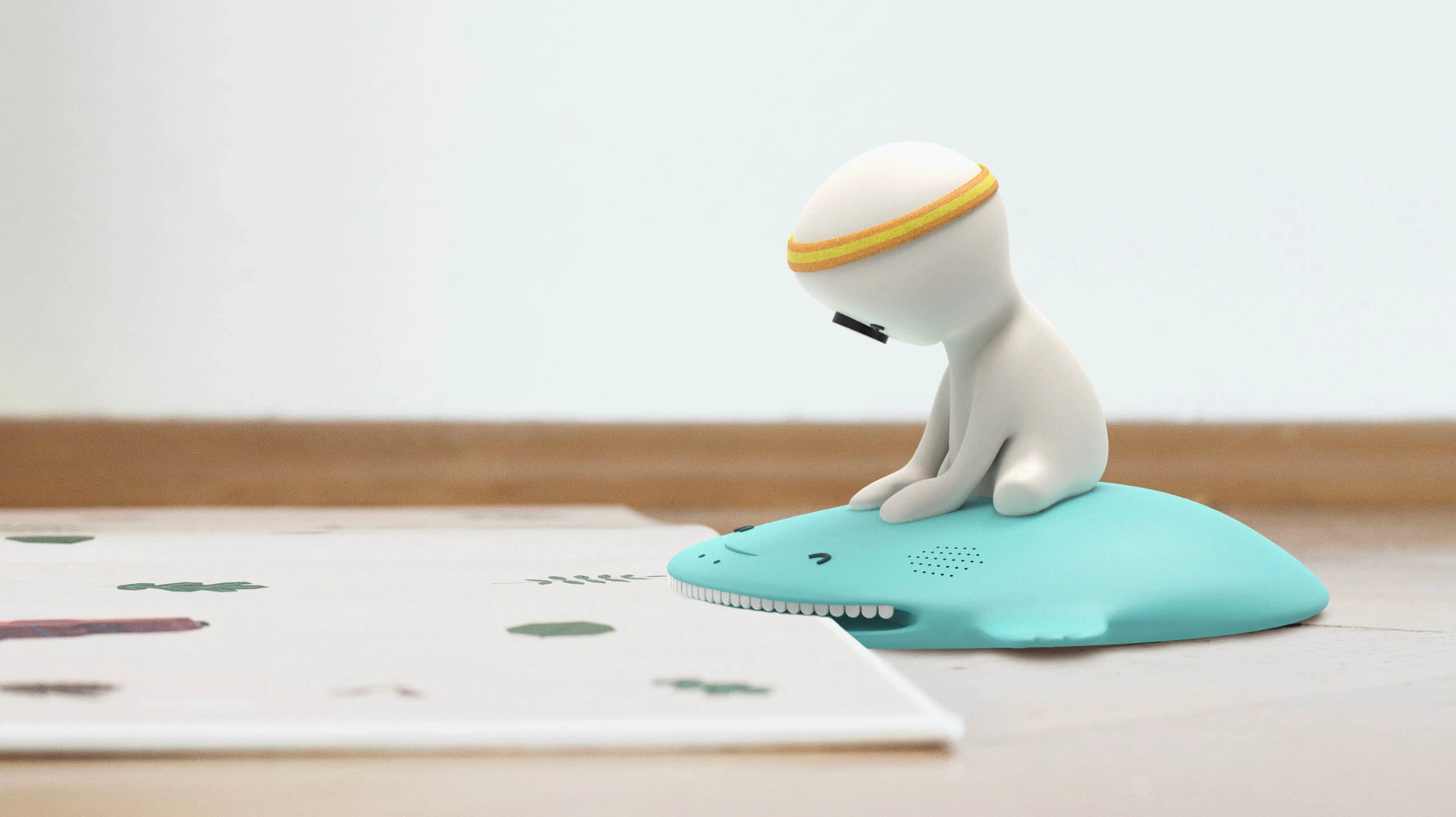 The Ray prototype, a small figure in a striped headband, riding a turquoise dragon beside an open book