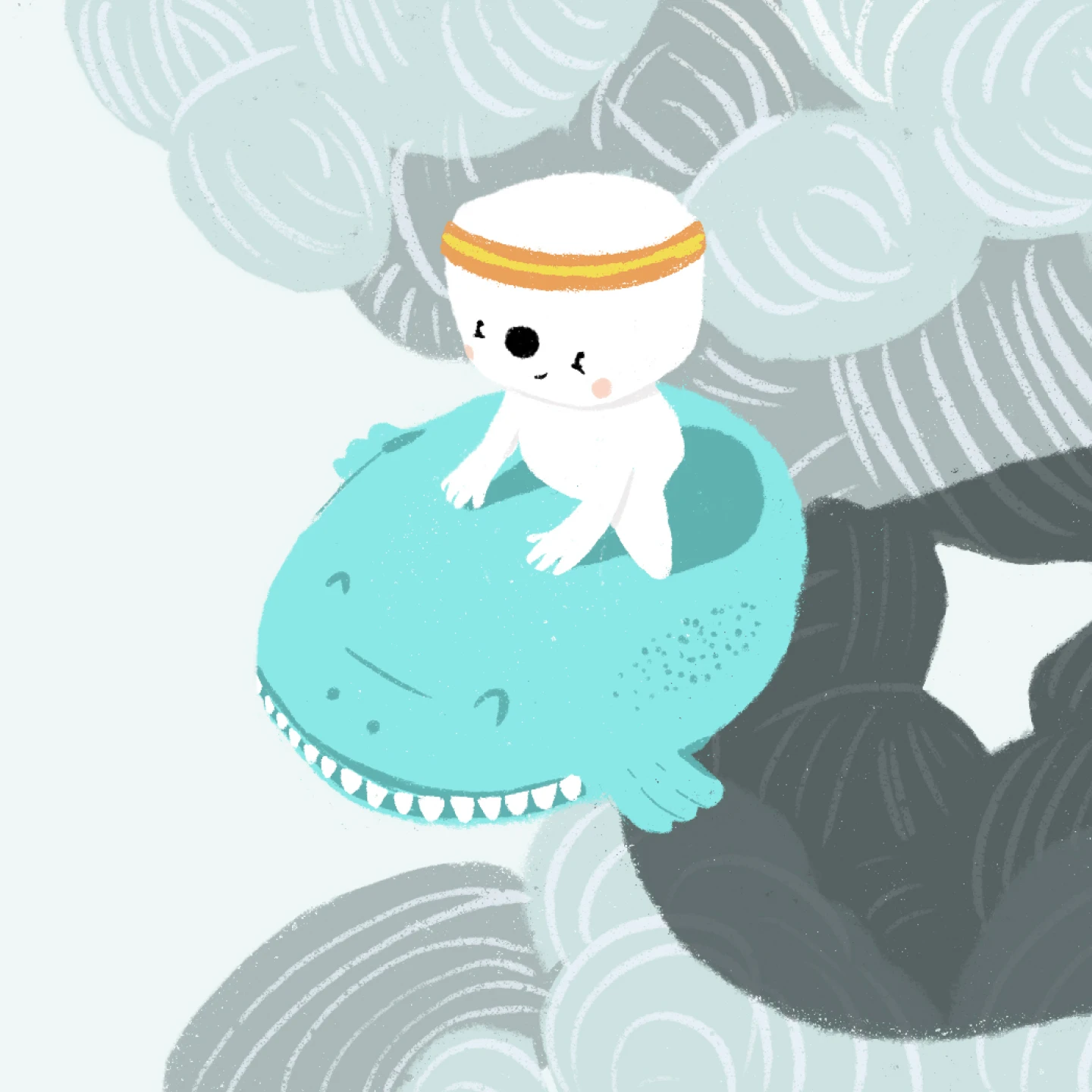 Pitch illustration of Ray riding Maya the dragon through pale clouds, Ray in a striped headband and Maya grinning below