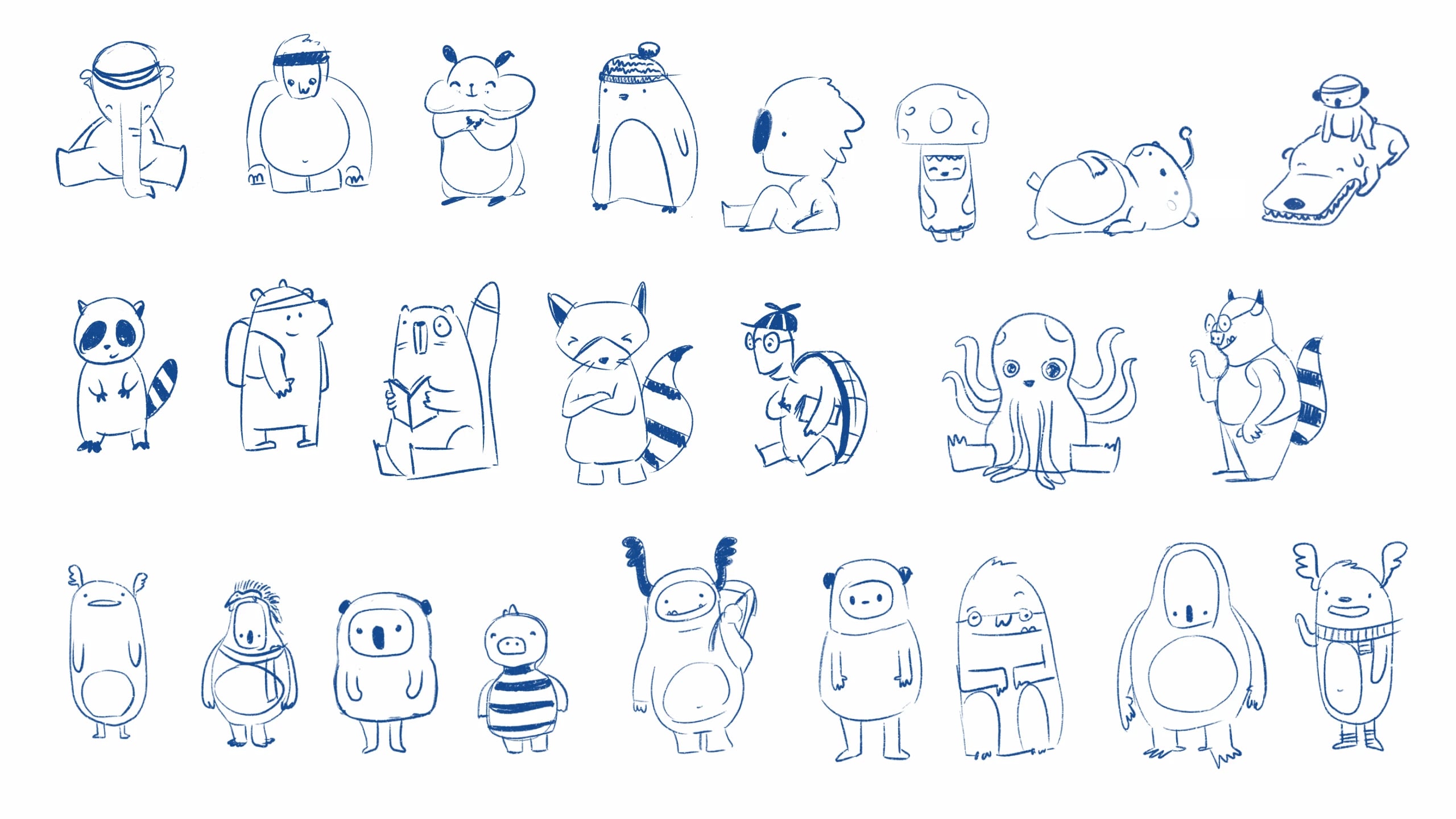 Twenty-two blue pencil character studies in a grid, covering bears, raccoons, an octopus, a pig and assorted monsters, most of them reading