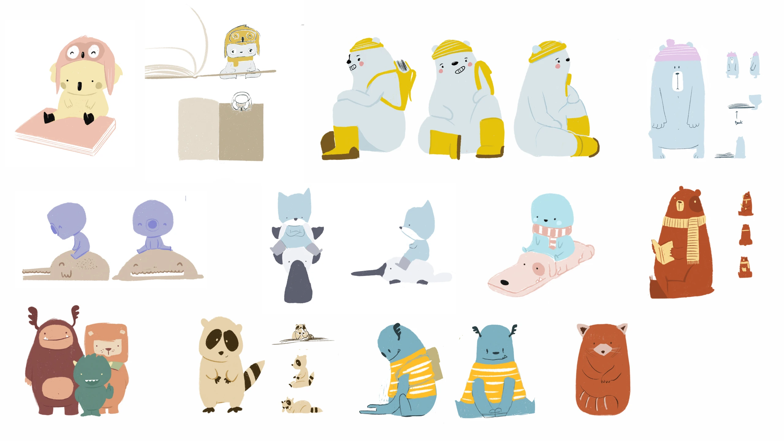 Coloured character explorations, the polar bear in yellow boots, the striped monster and the whale-riding figure all appearing in early form